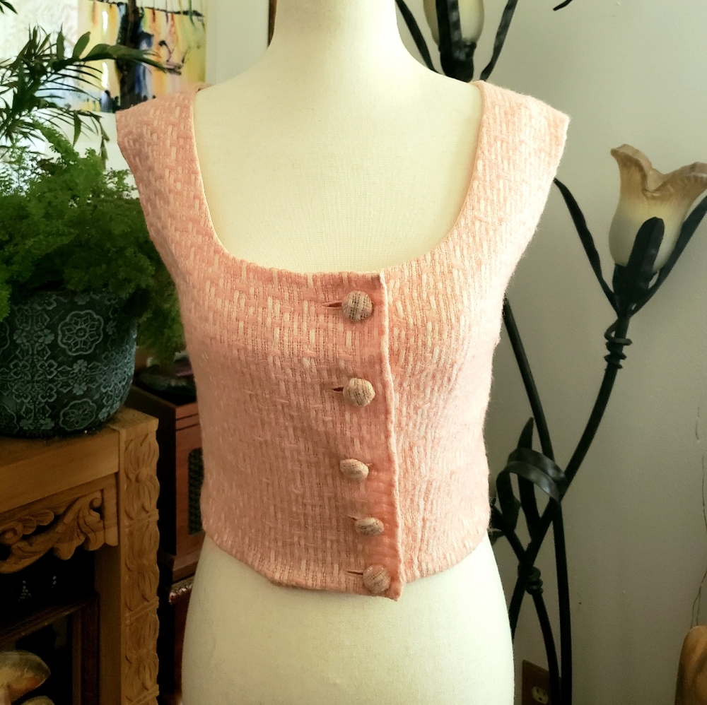 Vintage 50s Pink Woven Button Up Crop Top - Picture 3 of 6